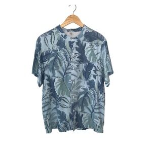 Silkworld Mens Mandarin Collar Tropical Palm Leaf Cotton Linen Shirt Blue Med